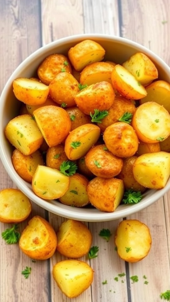 Crispy Air Fryer Potatoes Recipe Crispy air fryer potatoes garnished with parsley in a bowl on a wooden table.